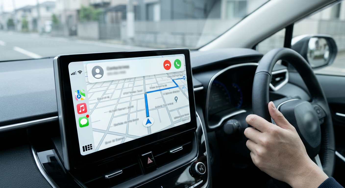 右ハンドル車のセンター画面に通話・メッセージのアイコンが表示されたCarPlayの画面