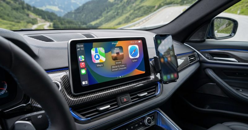 右ハンドル車のセンターコンソールにある車載ディスプレイと小型アダプター