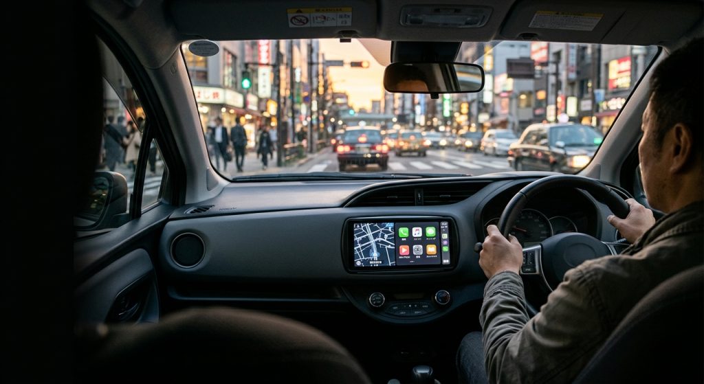 右ハンドル車のセンターコンソールにあるCarPlay対応ナビの大画面