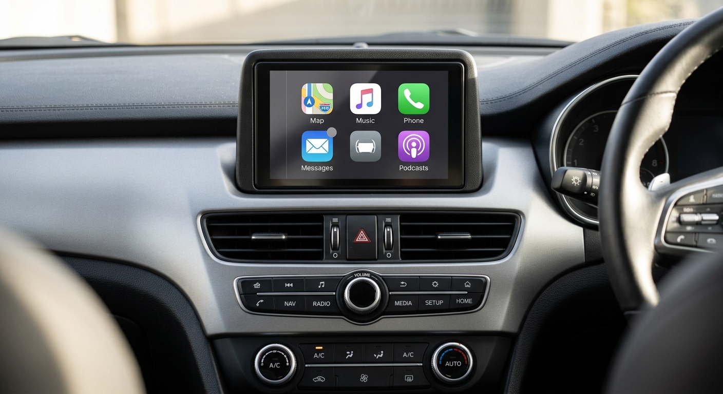 右ハンドル車のセンターコンソールに付いたCarPlay対応ナビの画面