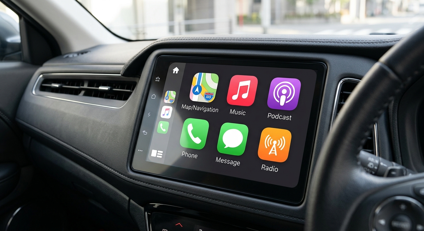右ハンドル車のセンター画面にナビや音楽などのアプリアイコンが並ぶCarPlayのホーム画面