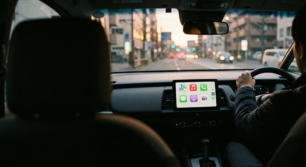 右ハンドル車のセンター画面にCarPlayのアプリアイコンが並び、コンソールに小型アダプターが置かれている様子