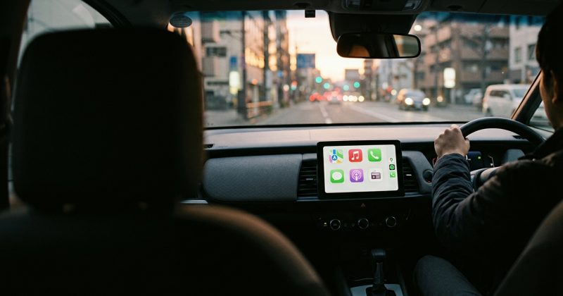 右ハンドル車のセンター画面にCarPlayのアプリアイコンが並び、コンソールに小型アダプターが置かれている様子