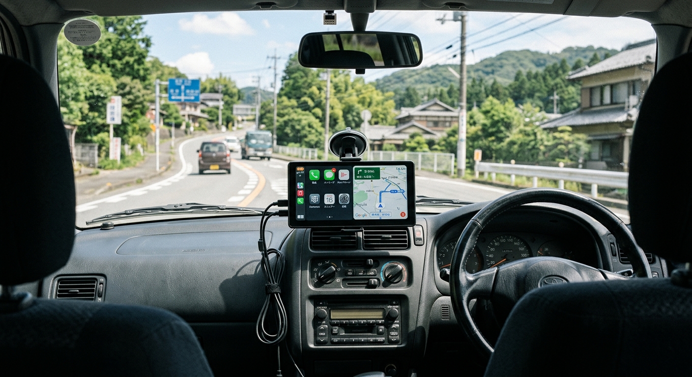 車のUSBポートに挿した小型のワイヤレスCarPlayアダプター