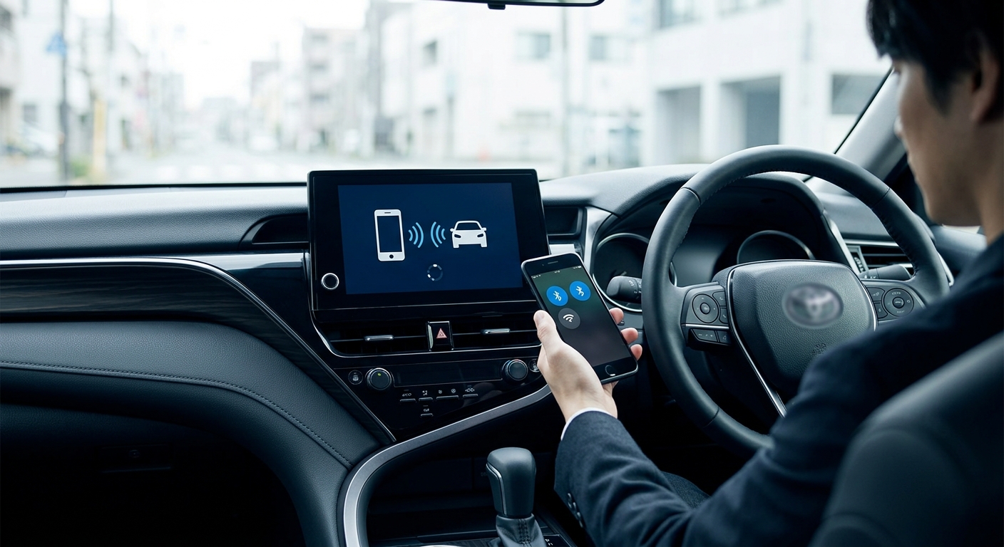 ワイヤレスCarPlayの接続待ち画面を表示した右ハンドル車のセンターディスプレイ